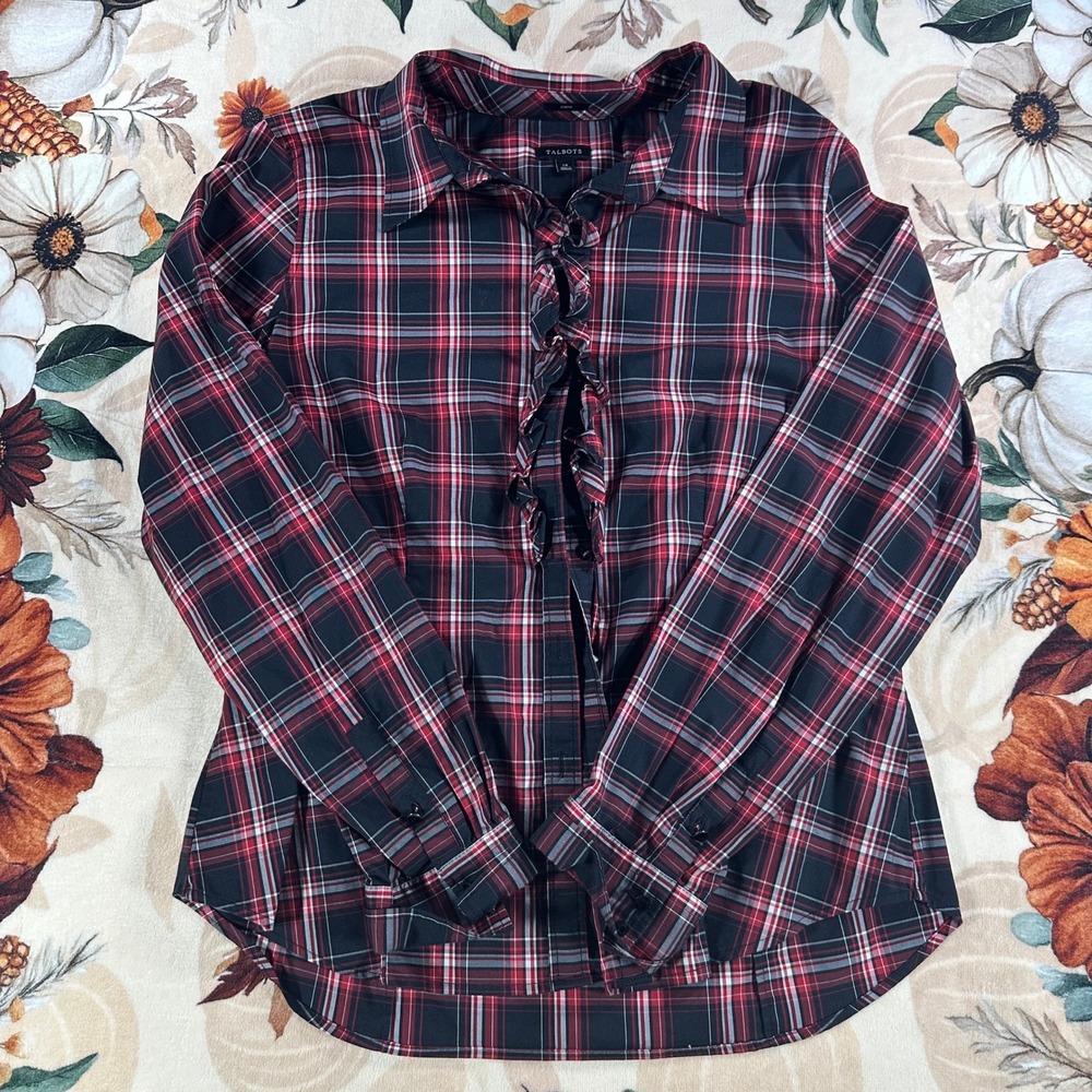 Talbots Womens Red Black Plaid Ruffle Front Button Down Shirt Stretch Size 14